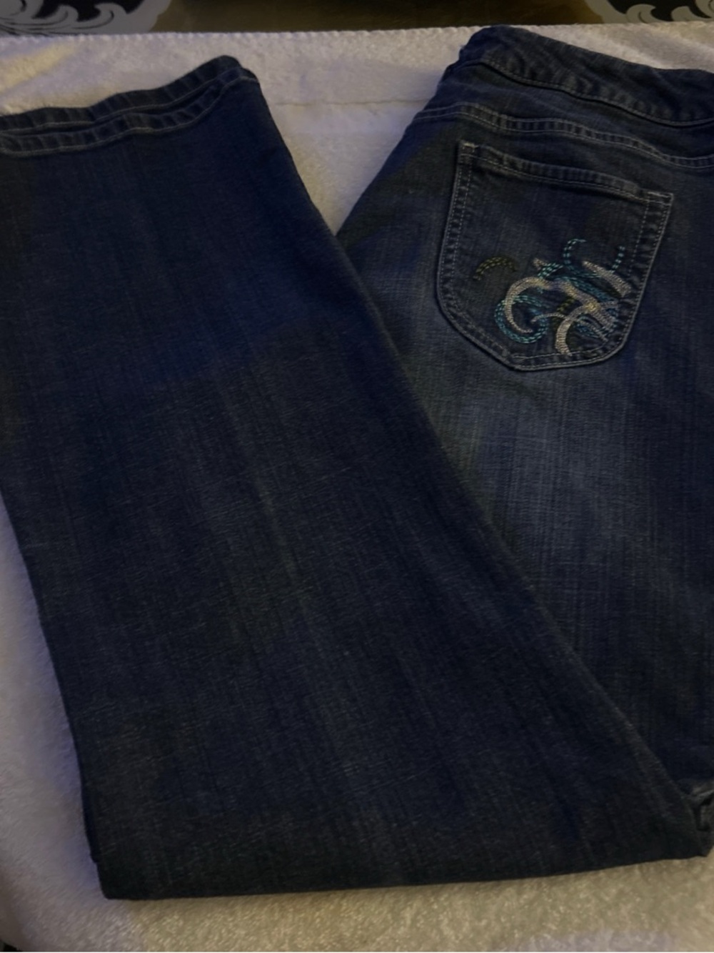 Chico's Dark Blue Boot Cut Jeans with Embroidered Back Pocket